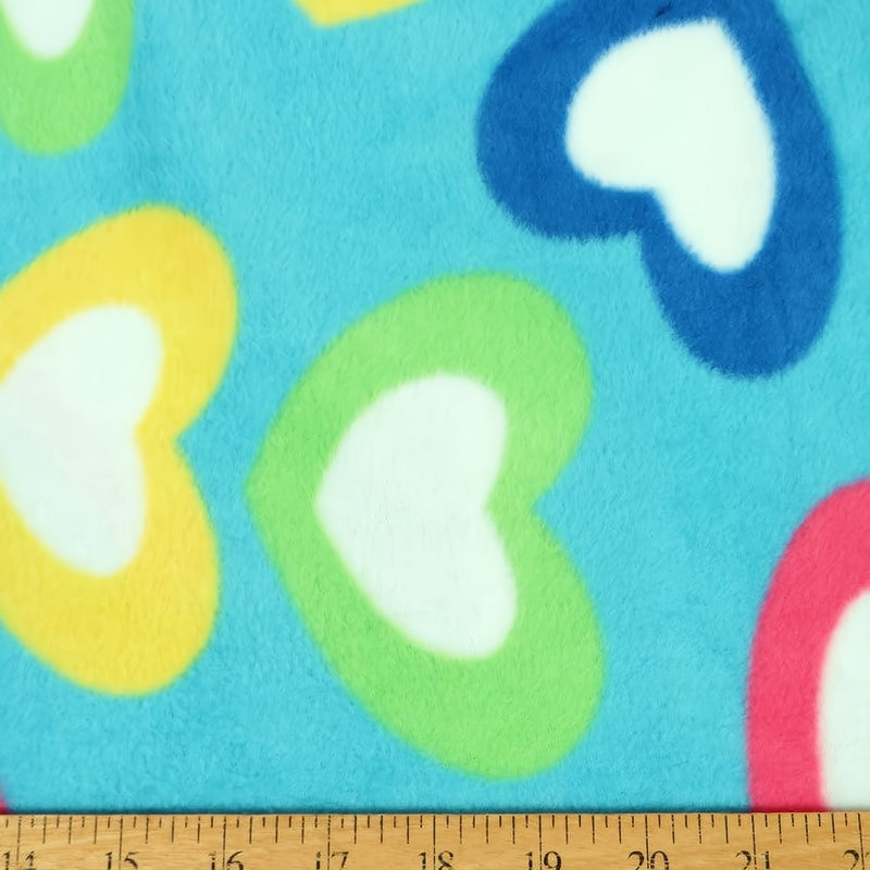 Rainbow Love Hearts Turquoise Fleece Fabric