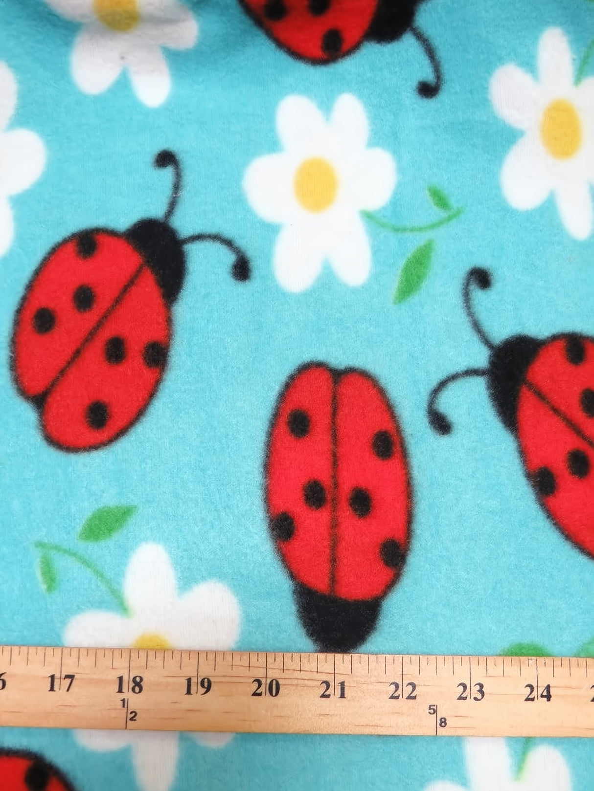 Printed Fleece Fabric Morning Ladybugs Turquoise