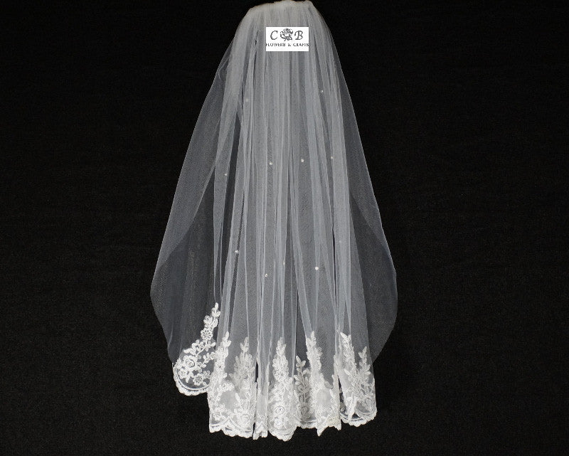 White Bridal Wedding Veil 32 Inch One Tier Embroidered