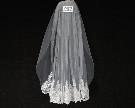 White Bridal Wedding Veil 32 Inch One Tier Embroidered