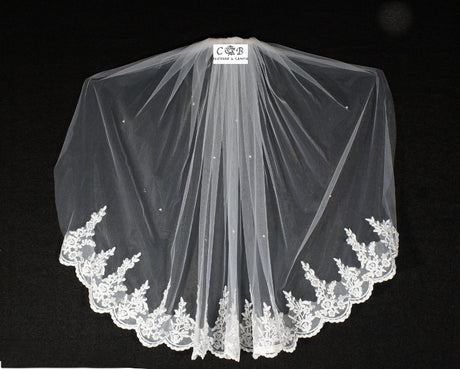 White Bridal Wedding Veil 32 Inch One Tier Embroidered