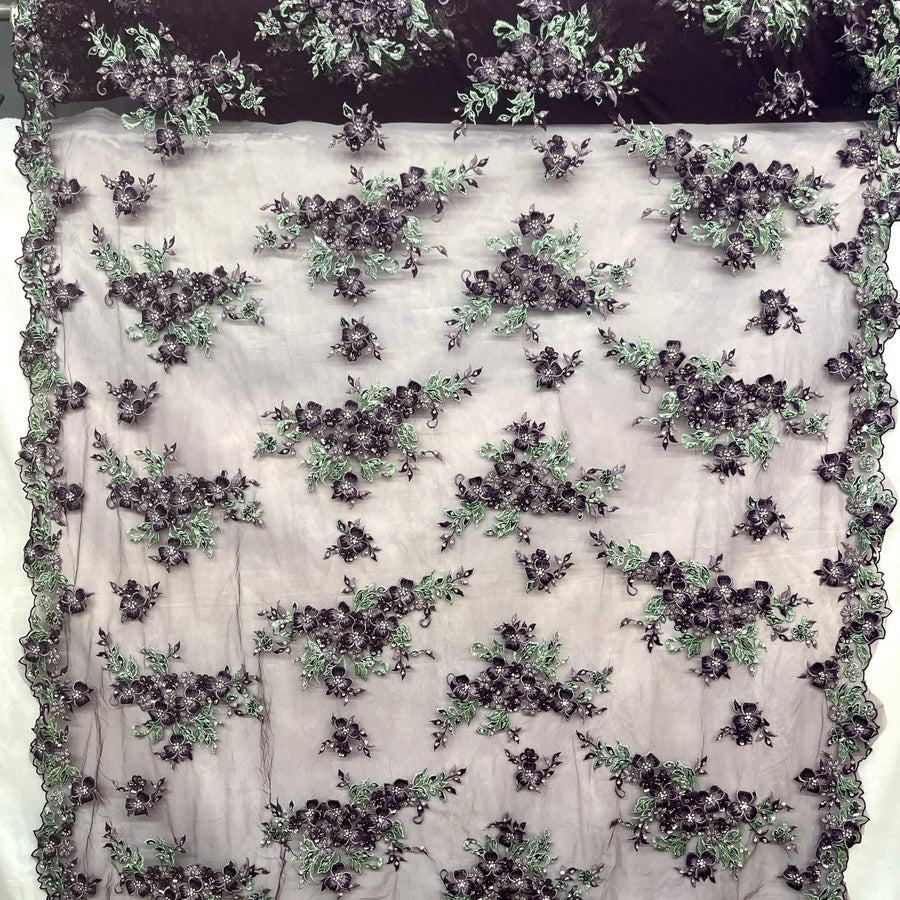 1 Yard 3D Beaded Floral Lace Fabric with Rhinestones – Embroidered Mesh with Scalloped Edges