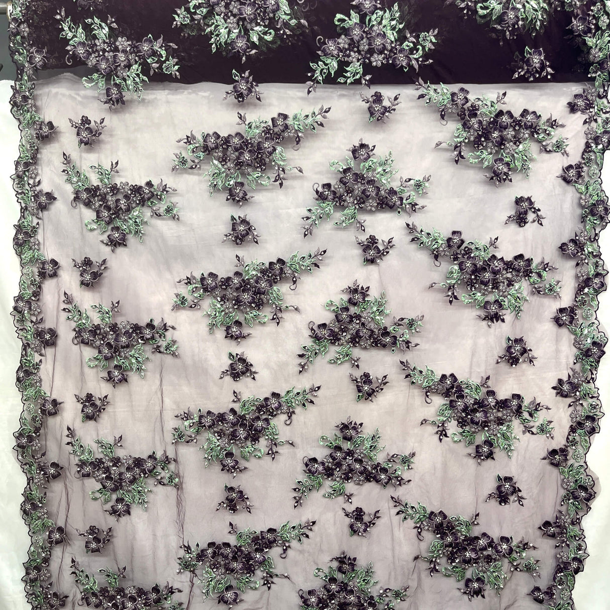 3D Beaded Floral Lace Mesh Fabric
