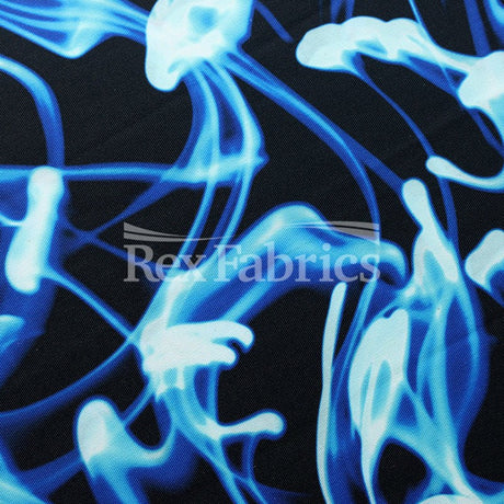 Electric Ink Reaction Polyester Spandex Fabric - Black/White Or Royal/White, Neon Jellyfish Print, 58/60" Width (1 Yard)