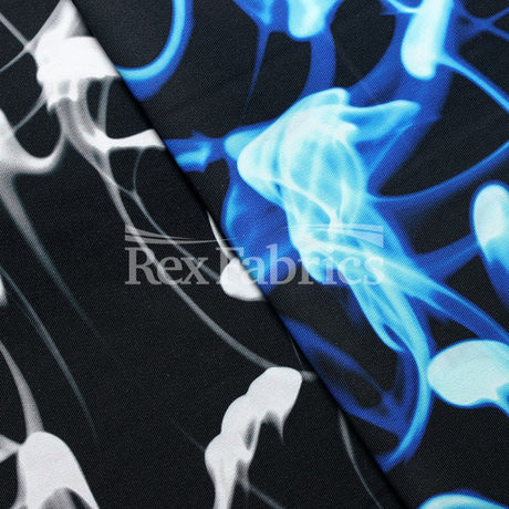 Electric Ink Reaction Polyester Spandex Fabric - Black/White Or Royal/White, Neon Jellyfish Print, 58/60" Width (1 Yard)