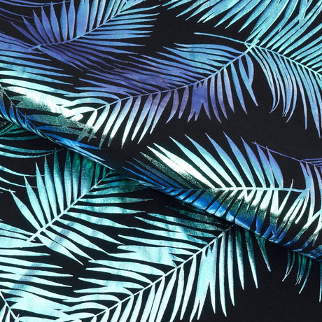 Electric Palm Foil Printed Nylon Spandex Fabric - Iridescent Palm Leaf Foil Print, 56" Width (1 Yard)