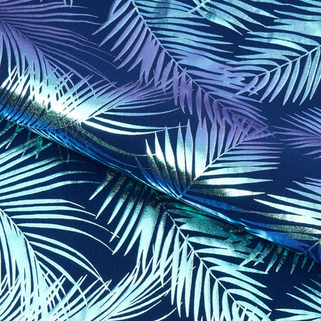 Electric Palm Foil Printed Nylon Spandex Fabric - Iridescent Palm Leaf Foil Print, 56" Width (1 Yard)