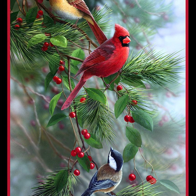 Fabric Panel Birds and Berries Cardinal Birds Black Elizabeth's Studio