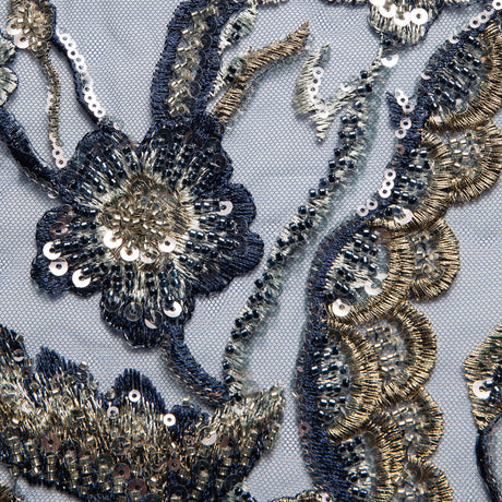 1 Yard Embroidered Beaded and Sequined Lace Fabric with Floral Pattern 50/52" Wide