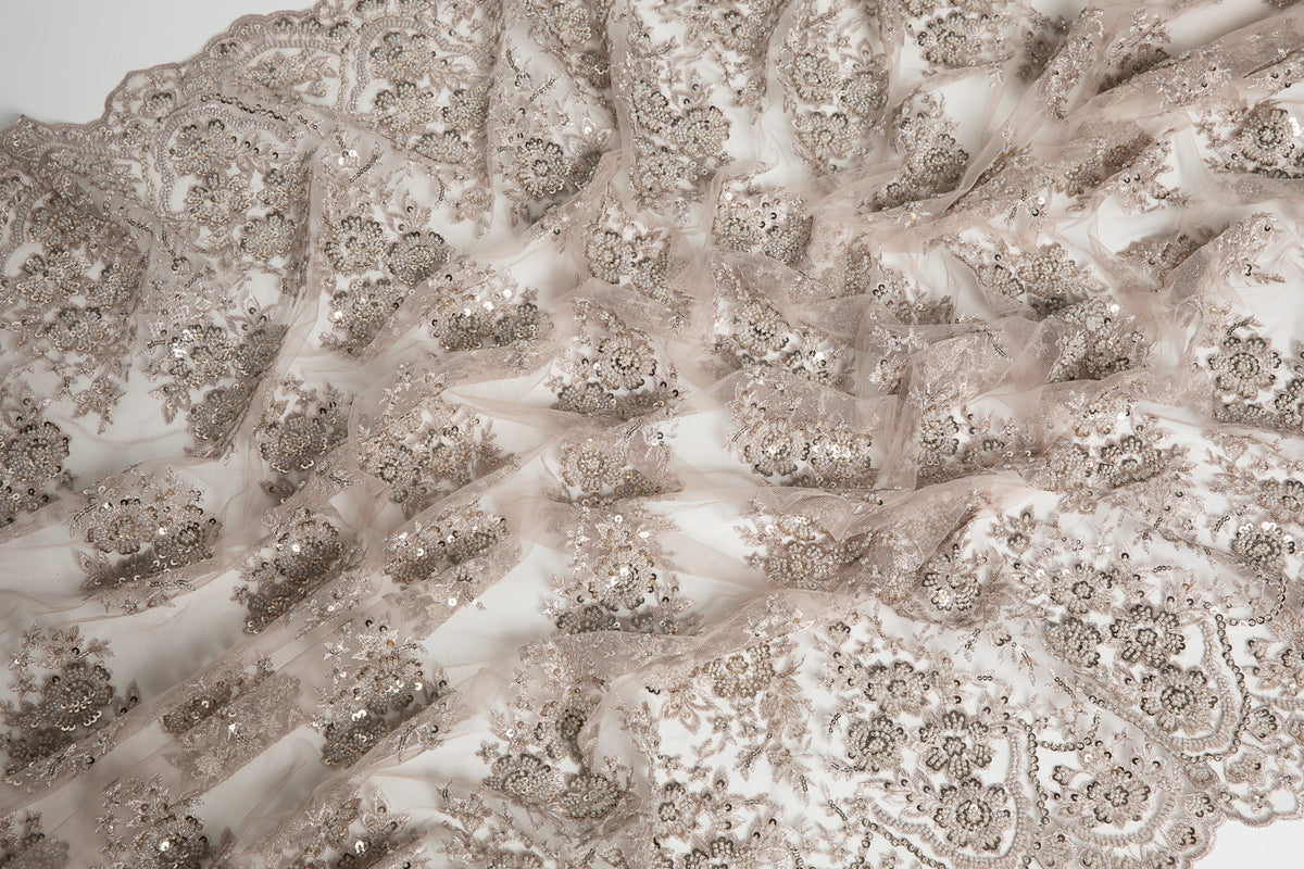 1 Yard Captivating Embroidered Beaded Sequined Lace Fabric with Intricate Pattern 50/52" Wide