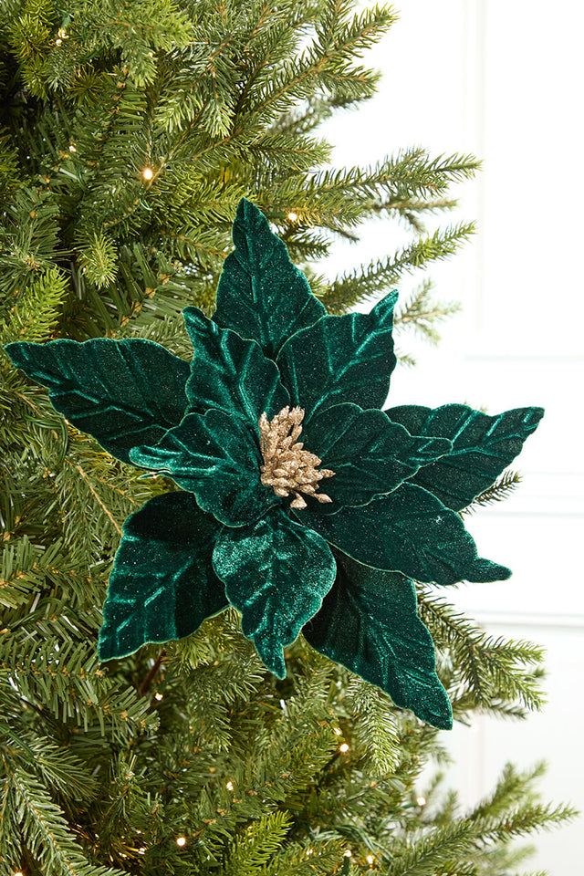 24" Emerald Velvet Glitter Poinsettia Stem