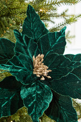 24" Emerald Velvet Glitter Poinsettia Stem