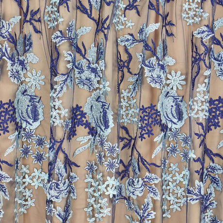 Eve Embroidered Mesh Polyester Fabric - Embroidered Mesh With Sequin, Nude/White, 48/50" Width (1 Yard)