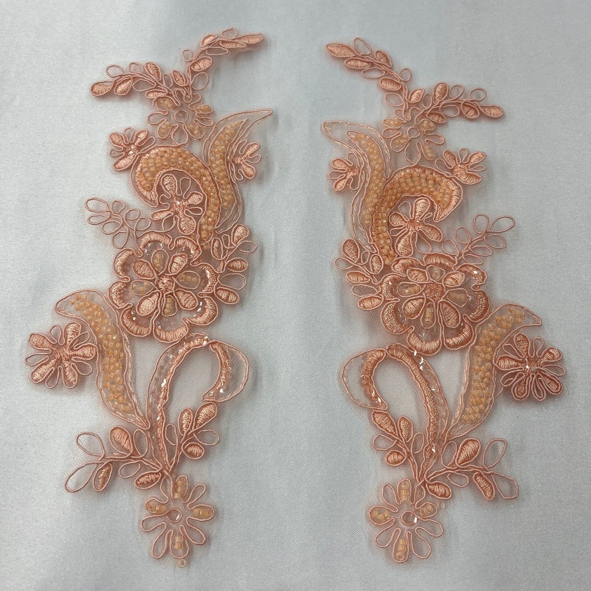 1 Pair Beaded & Corded Floral Lace Applique 9" x 2.5" Each Side