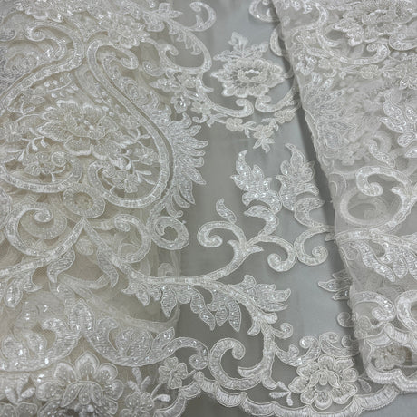 1 Yard Elegant Beaded & Corded Bridal Lace Fabric on Soft Polyester Mesh, GD-55719