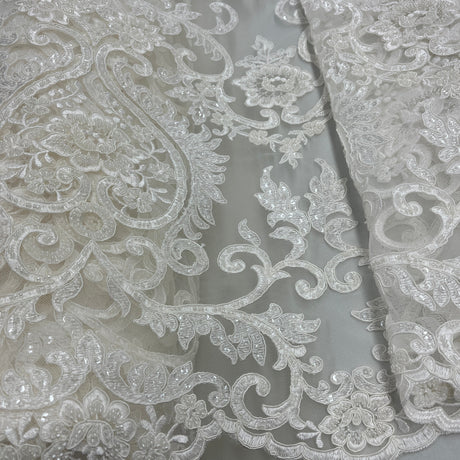 Beaded Corded Bridal Lace Fabric - Dark Ivory, Embroidered, 54" Wide (1 Yard)
