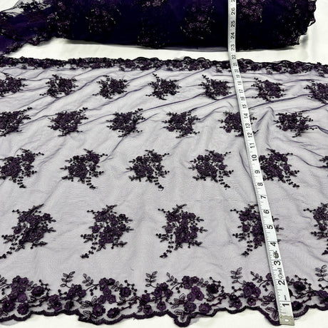 Beaded Double Sided 3D Floral Lace Trimming Polyester Fabric - 3D Floral Embroidered Net Mesh, 21" Width (1 Yard)