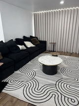 TOV 307 Polypropylene Fabric - Ivory, Black Geometric Swirl, Live Edge Design, 5' 3" X 7' X 6" (1 Rug)