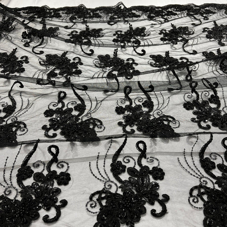 Beaded Corded Lace Fabric on Polyester Net Mesh