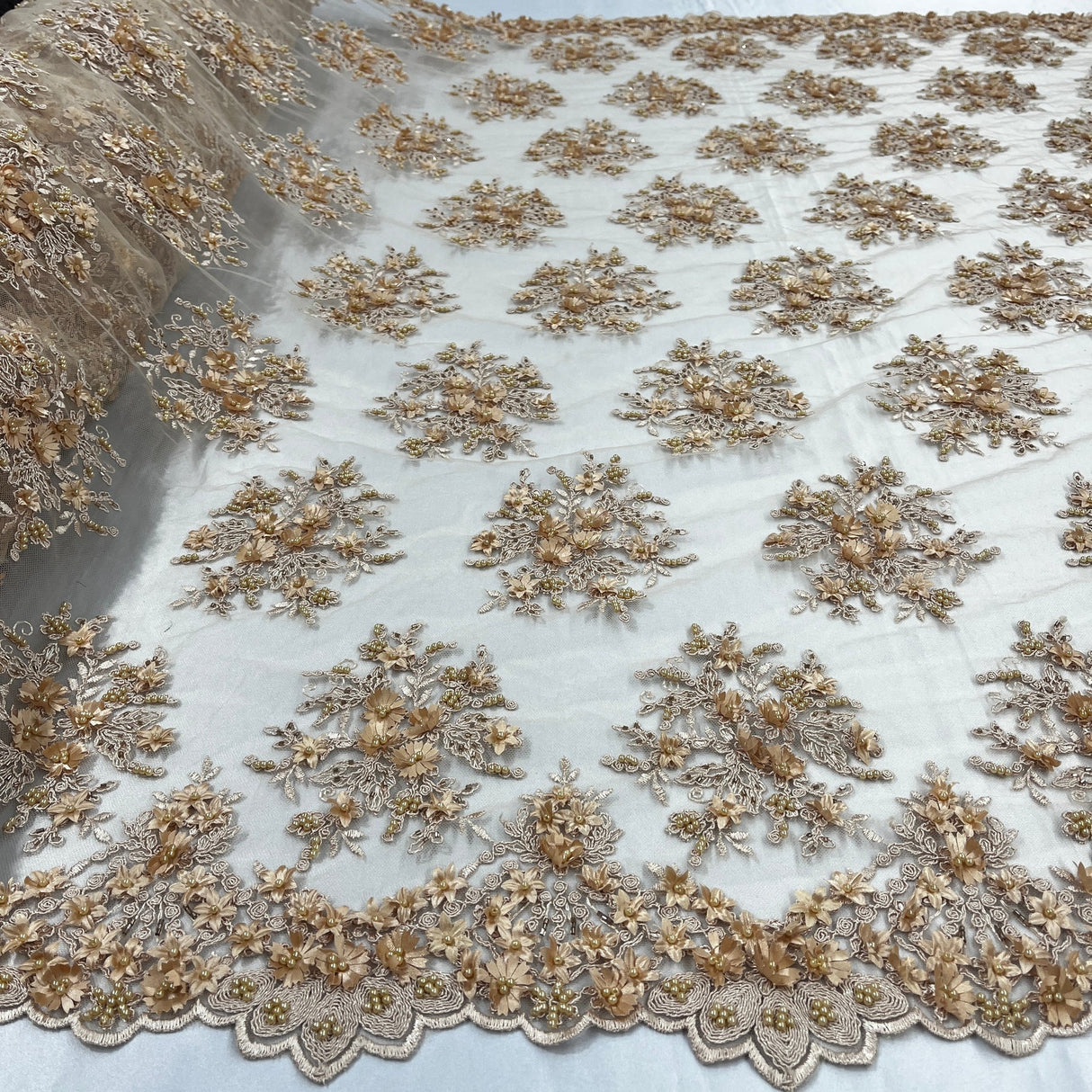 1 Yard Whimsical Pink Beaded 3D Floral Lace Fabric on Net Mesh 50 inch Width