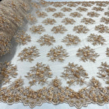 1 Yard Whimsical Pink Beaded 3D Floral Lace Fabric on Net Mesh 50 inch Width
