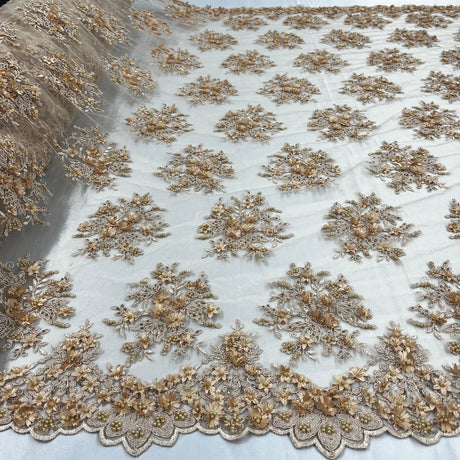 1 Yard Whimsical Pink Beaded 3D Floral Lace Fabric on Net Mesh 50 inch Width