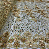 1 Yard Yellow 3D Floral Beaded & Sequined Lace Fabric, Embroidered Sparkling Mesh, 52" Wide, Polyester
