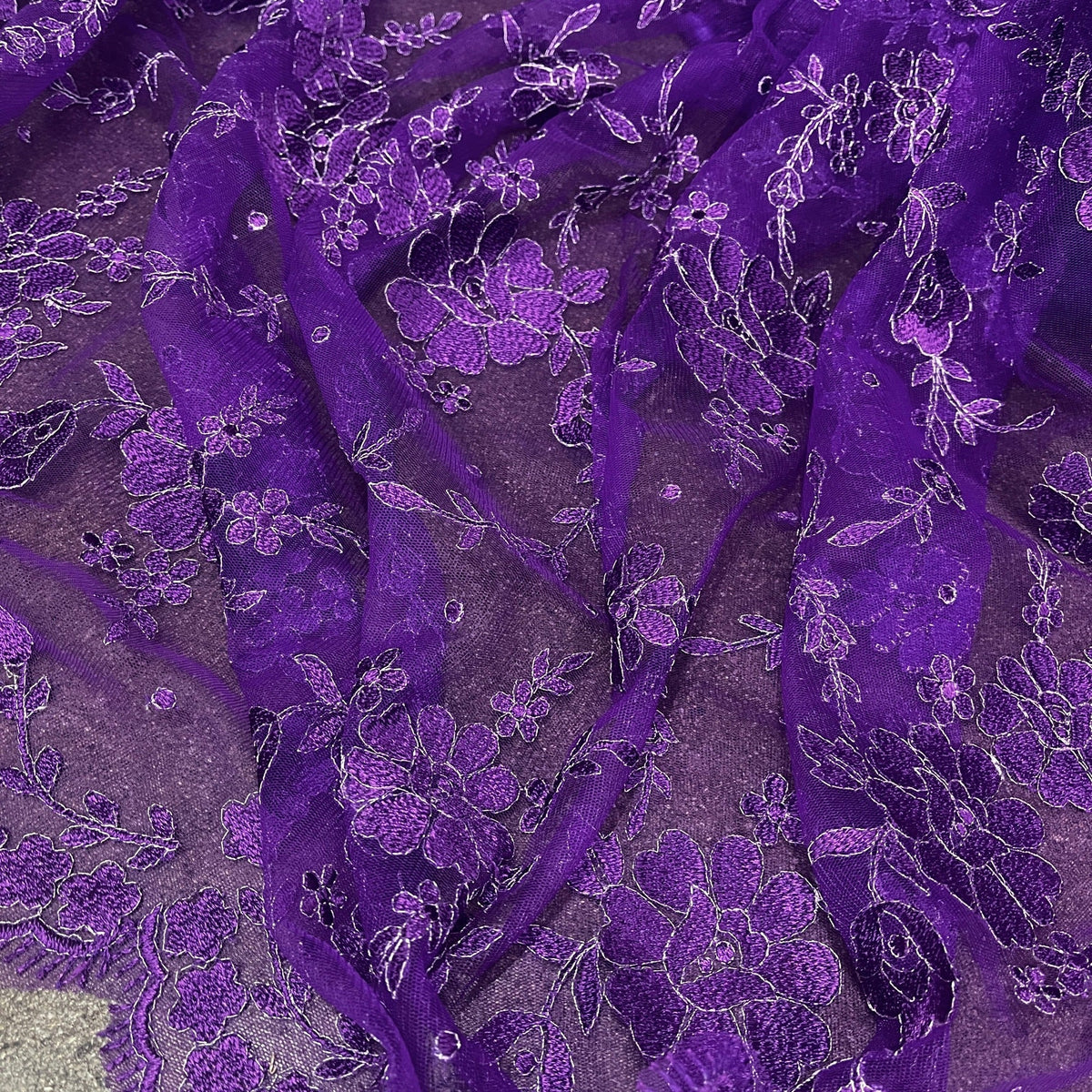 1 Yard Elegant Floral Embroidered Lace Fabric on Polyester Mesh, 52" Wide