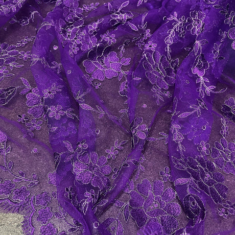 Embroidered Lace Fabric - 100 Percent Polyester Net Mesh, Floral Beaded Design, 52" Width (1 Yard)