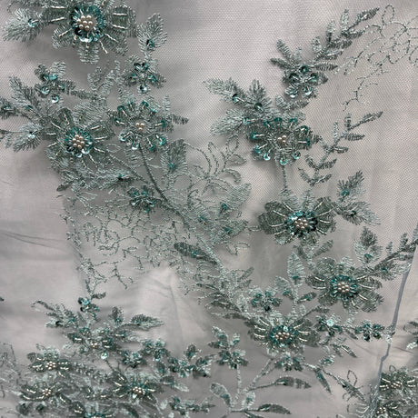 Beaded Floral Lace Fabric Embroidered On 100 Percent Polyester Net Mesh - Gold, Silver, Dark Sage, Floral Beaded Embroidery, 51" Wide (1 Yard)
