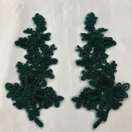 1 Pair 12" x 3.5" Beaded & Corded Floral Lace Applique 100% Polyester Net Mesh