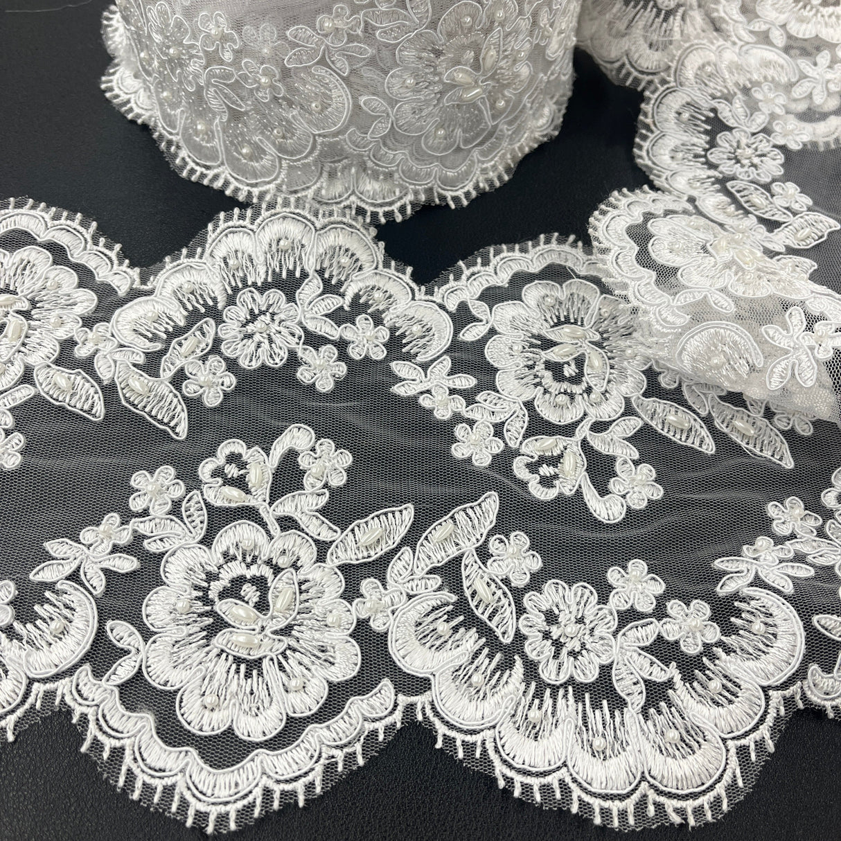 Beaded Corded Floral Lace Trim White
