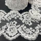 Beaded Corded Floral Lace Trim White