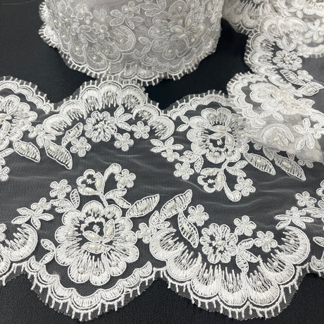 Beaded Corded Floral Lace Trim White