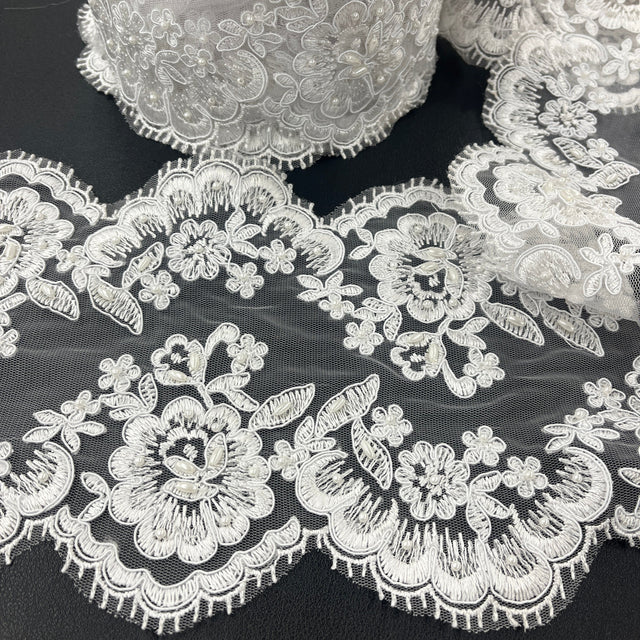 Beaded Corded Floral Lace Trim White