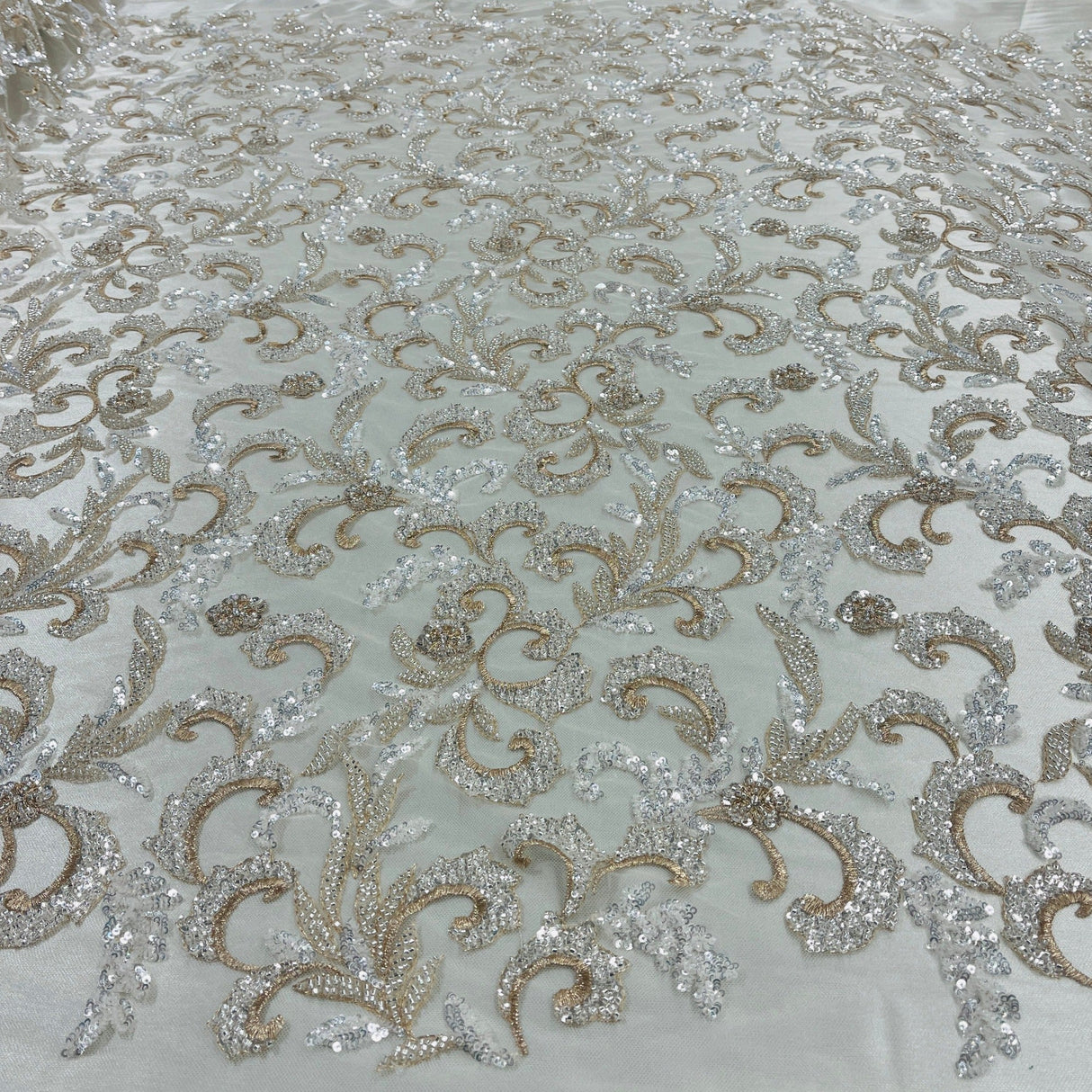 Beaded Lace Fabric Embroidered Mesh Champagne