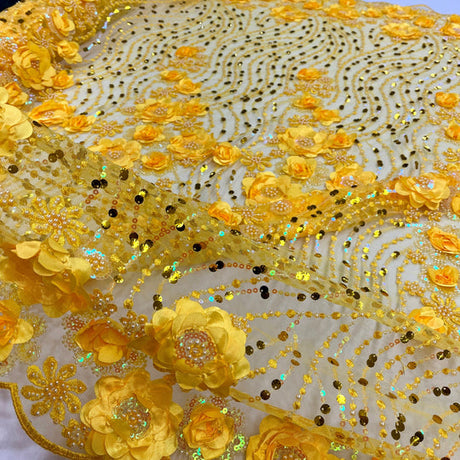 1 Yard Beaded Sequined 3D Floral Lace Fabric Embroidered 100 Percent Polyester Net Mesh 52 inch Width