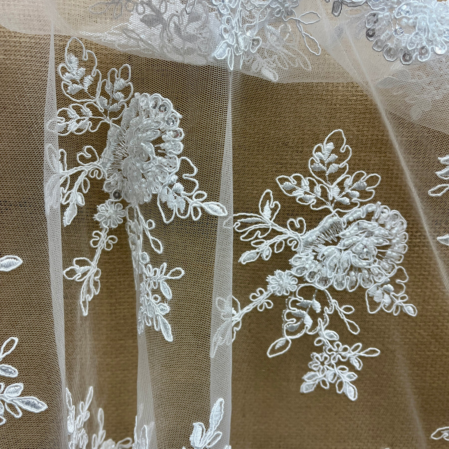 1 Yard Beaded & Corded Bridal Lace Fabric Embroidered on 100% Polyester Net Mesh