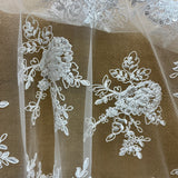 1 Yard Beaded & Corded Bridal Lace Fabric Embroidered on 100% Polyester Net Mesh