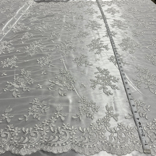 1 Yard Corded Bridal Lace Fabric Embroidered on 100% Polyester Net Mesh – Silver – 53"