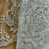1 Yard Antique Silver Beaded Lace Fabric Embroidered on 100% Polyester Net Mesh 50 Inch Width