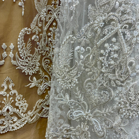 1 Yard Elegant Beaded Lace Fabric Embroidered on Polyester Net Mesh