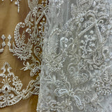 1 Yard Floral Embroidered Lace Fabric on Sheer Polyester Mesh, White, Ivory, and Blush