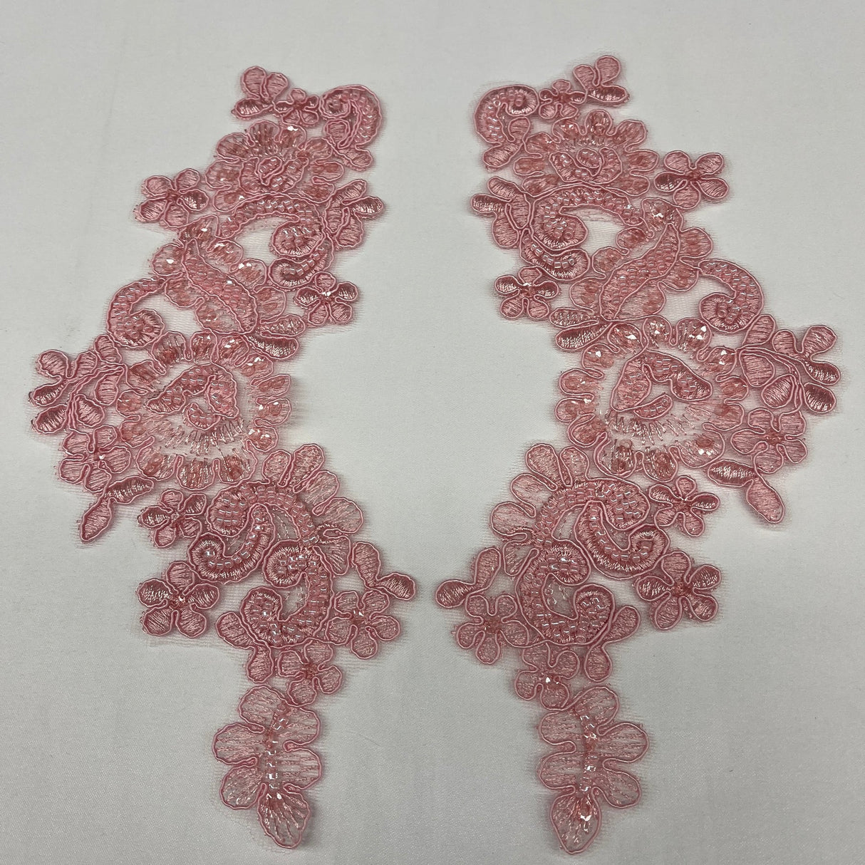 1 Pair 9" x 3" Each Side Beaded & Corded Floral Lace Applique Organza