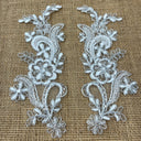 Beaded Corded Floral Lace Applique Polyester Fabric - Floral Embroidered, 9" X 2.5" Each Side (1 Pair)