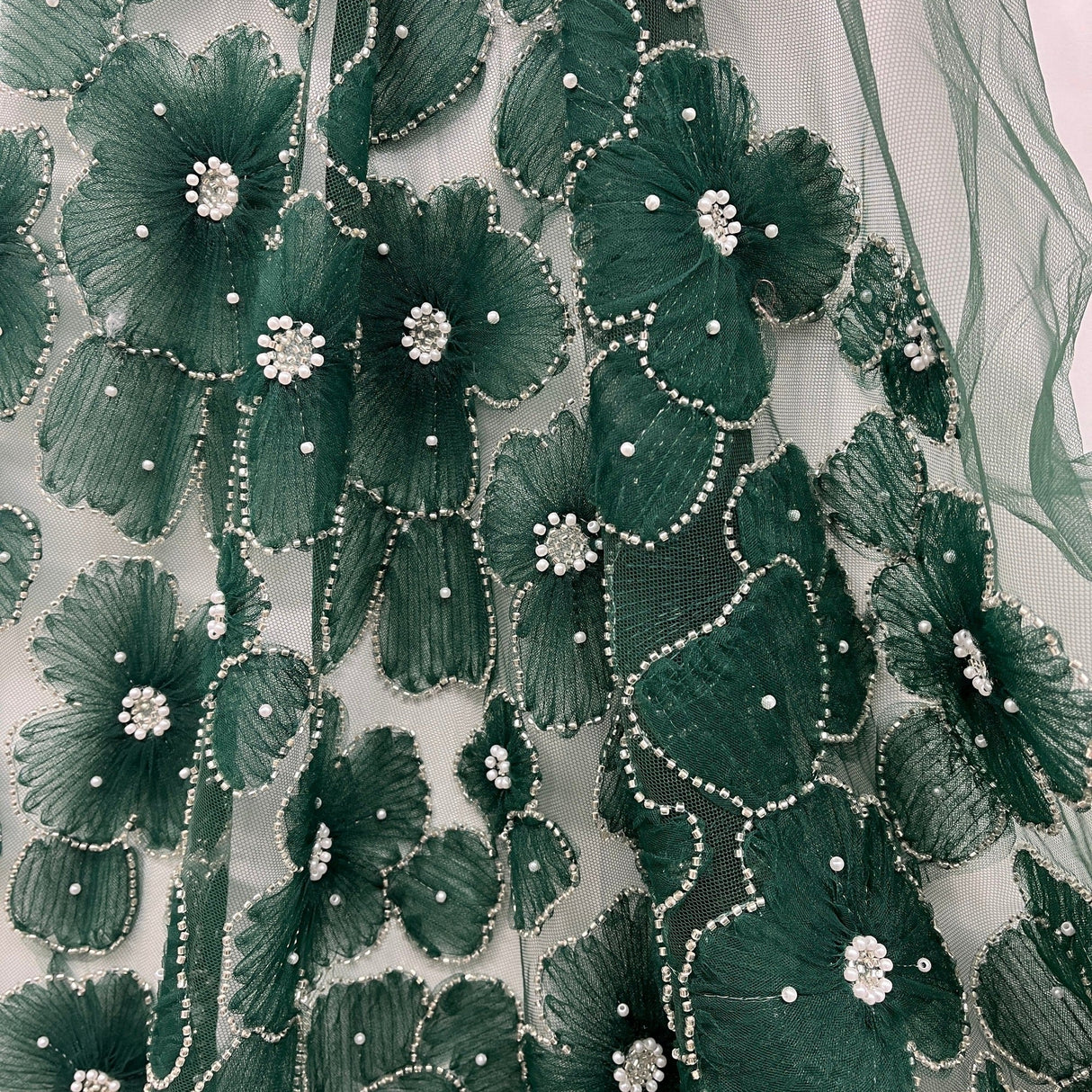 Beaded 3D Floral Lace Fabric