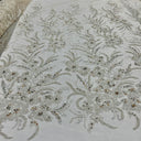 1 Yard Light Blue Beaded Lace Embroidered Fabric, Polyester Net Mesh, 50” Wide