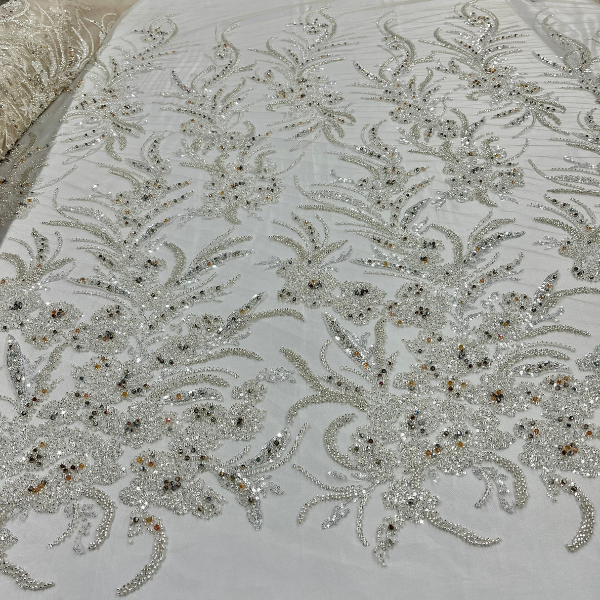 Beaded Lace Fabric Embroidered On 100 Percent Polyester Net Mesh - Lt. Blue, Ice Blue, Champagne, Nude, 50" Width (1 Yard)
