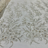 Beaded Lace Fabric Embroidered On 100 Percent Polyester Net Mesh - Lt. Blue, Ice Blue, Champagne, Nude, 50" Width (1 Yard)
