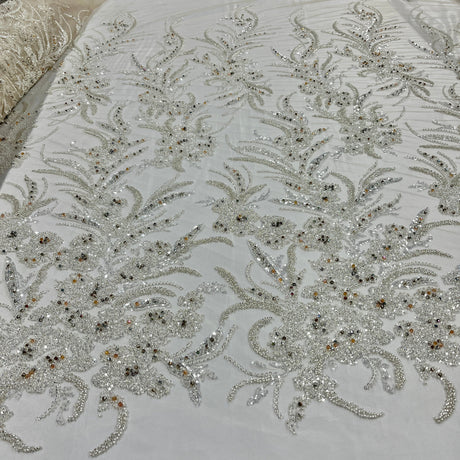 Beaded Lace Fabric Embroidered On 100 Percent Polyester Net Mesh - Lt. Blue, Ice Blue, Champagne, Nude, 50" Width (1 Yard)